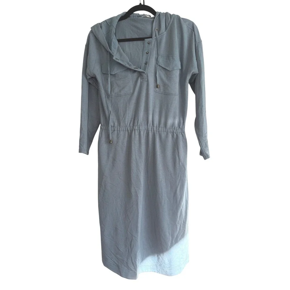 Soft Surroundings Hooded‎ Henley Midi Dress Blue Grey Elastic Waist Small